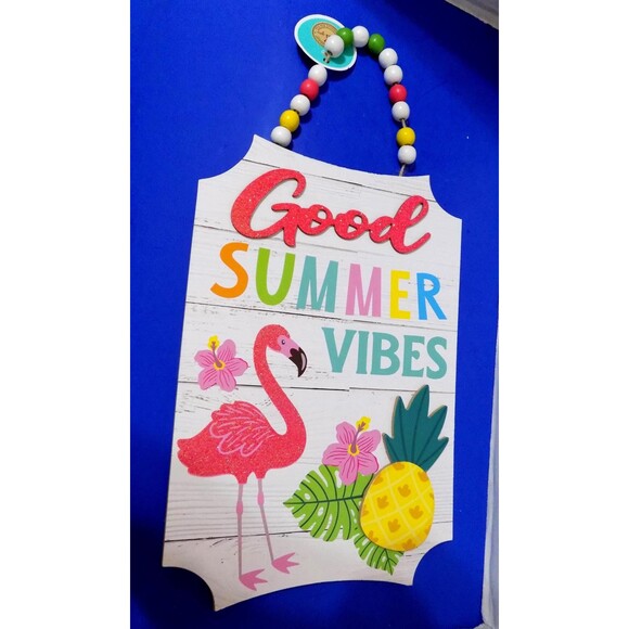 NEW Flamingo Wall Art Good Summer Vibes Decor Florida Tropical Wood Beads - Picture 2 of 5